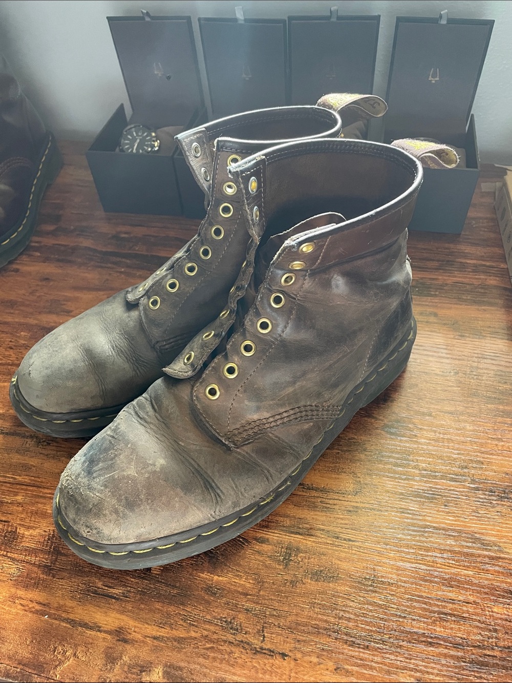 Dr. Martens Brown Leather Lace-Up Boots with Yellow Stitching